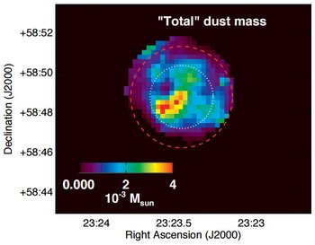 Map of the total mass of dust grains condensed in Cas A and that have not yet been destroyed by the reverse shock. The total dust mass includes the mass of the cold (T~30K), warm (T~80K) and hot (T~100K) supernova dust components.